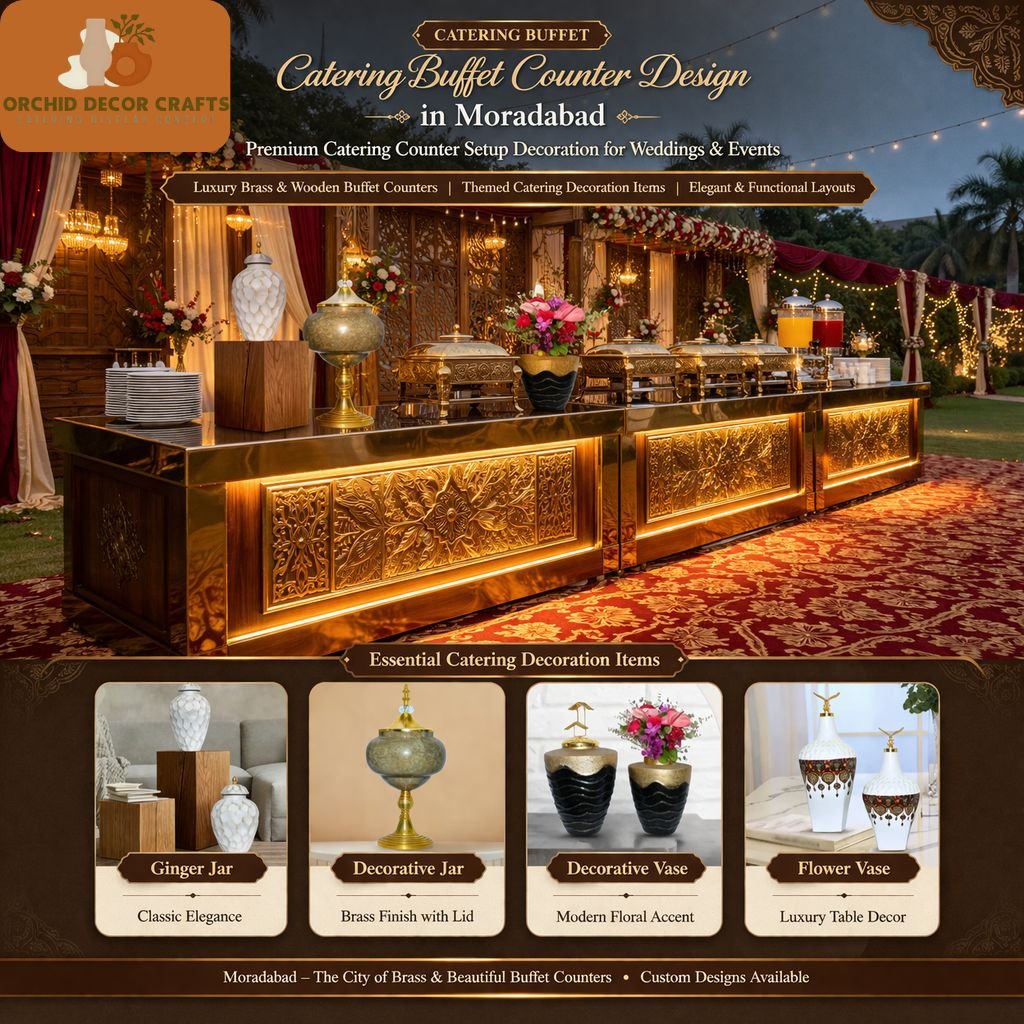 Elegant catering decoration items with buffet setup, display stands, and stylish event table décor