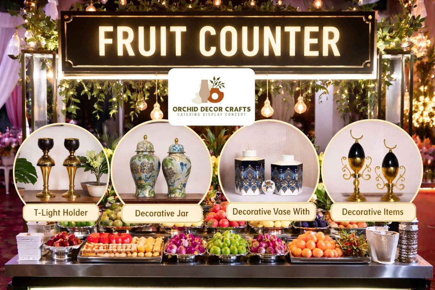 Elegant fruit counter in Kolkata with premium buffet display setup and fresh fruit arrangement