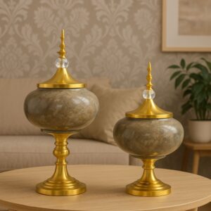 Antique Marble-Finish Decorative Jars with Crystal & Gold Detailing – Set of 2