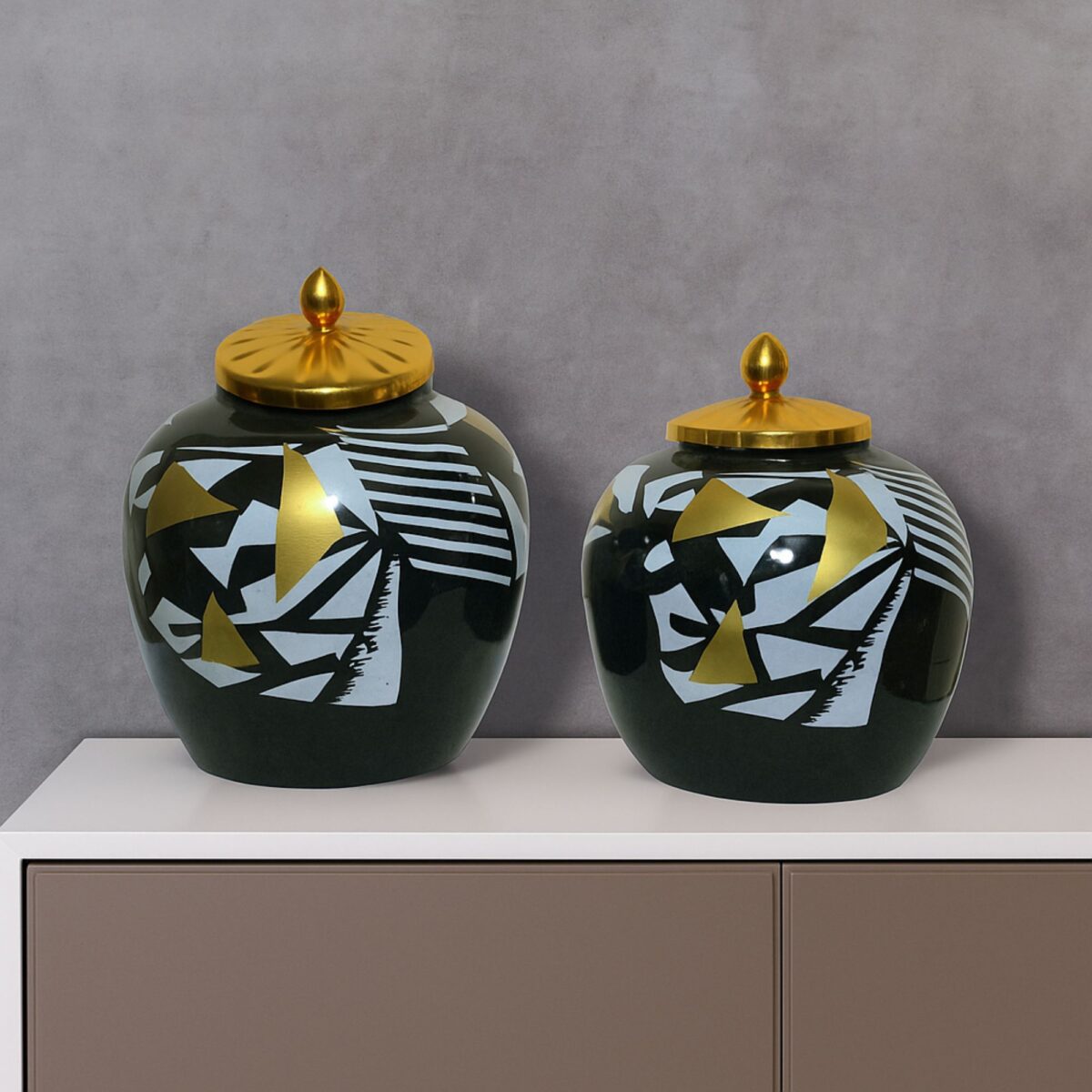 White Textured Metal Decrovtive Jar with Gold Finial – Handcrafted Iron Décor - Set of 2