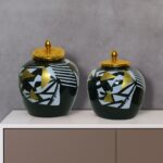 White Textured Metal Decrovtive Jar with Gold Finial – Handcrafted Iron Décor - Set of 2