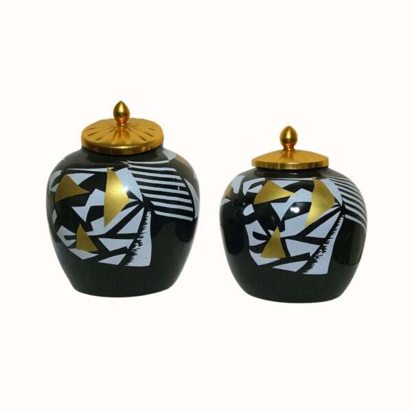 White Textured Metal Decrovtive Jar with Gold Finial – Handcrafted Iron Décor - Set of 2