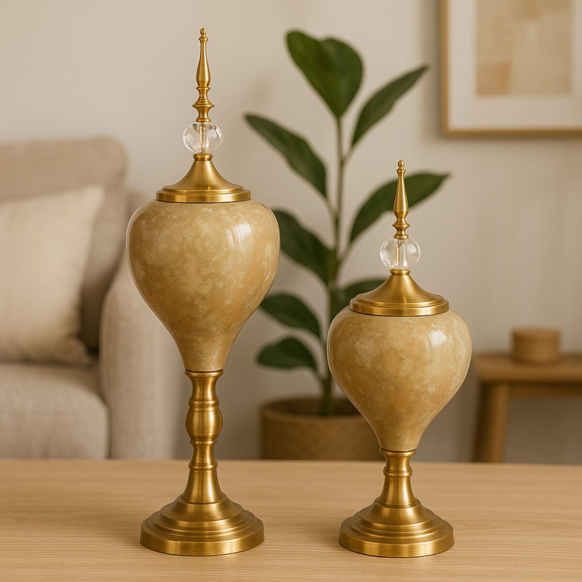 Antique Marble-Finish Decorative Jars with Crystal & Gold Detailing – Set of 2