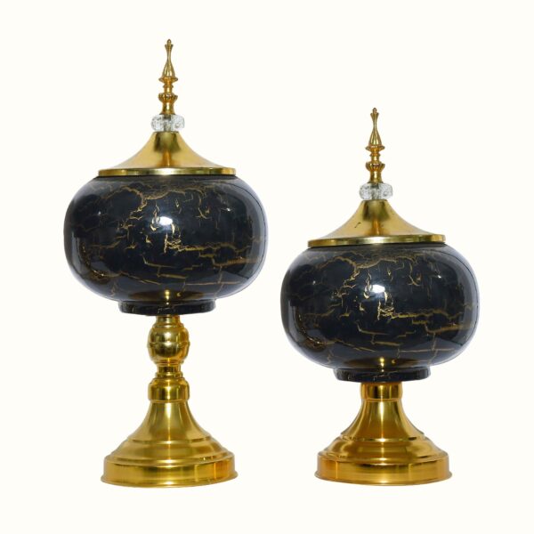 Luxury Black Decorative Jar Set with Golden Iron Base – Set of 2