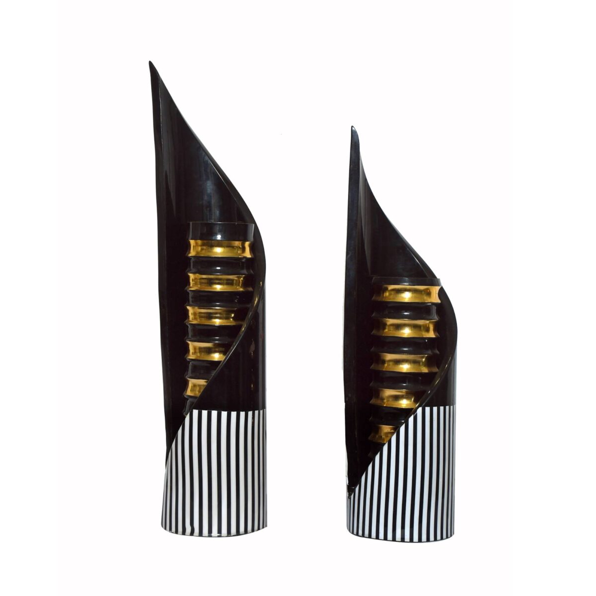 Modern Striped Black & Gold Decorative Vase Set – Set of 2