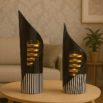 Modern Striped Black & Gold Decorative Vase Set – Set of 2