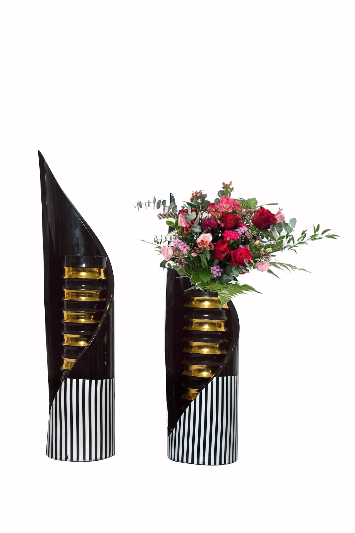 Modern Striped Black & Gold Decorative Vase Set – Set of 2