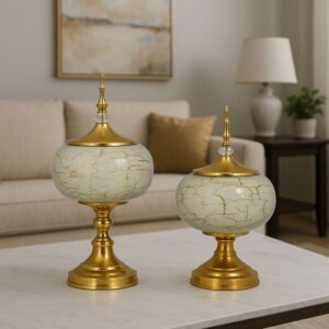 Antique Cream & Gold Decorative Jar Set with Lid – Set of 2