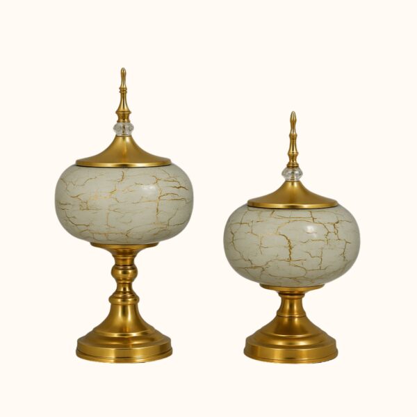 Antique Cream & Gold Decorative Jar Set with Lid – Set of 2