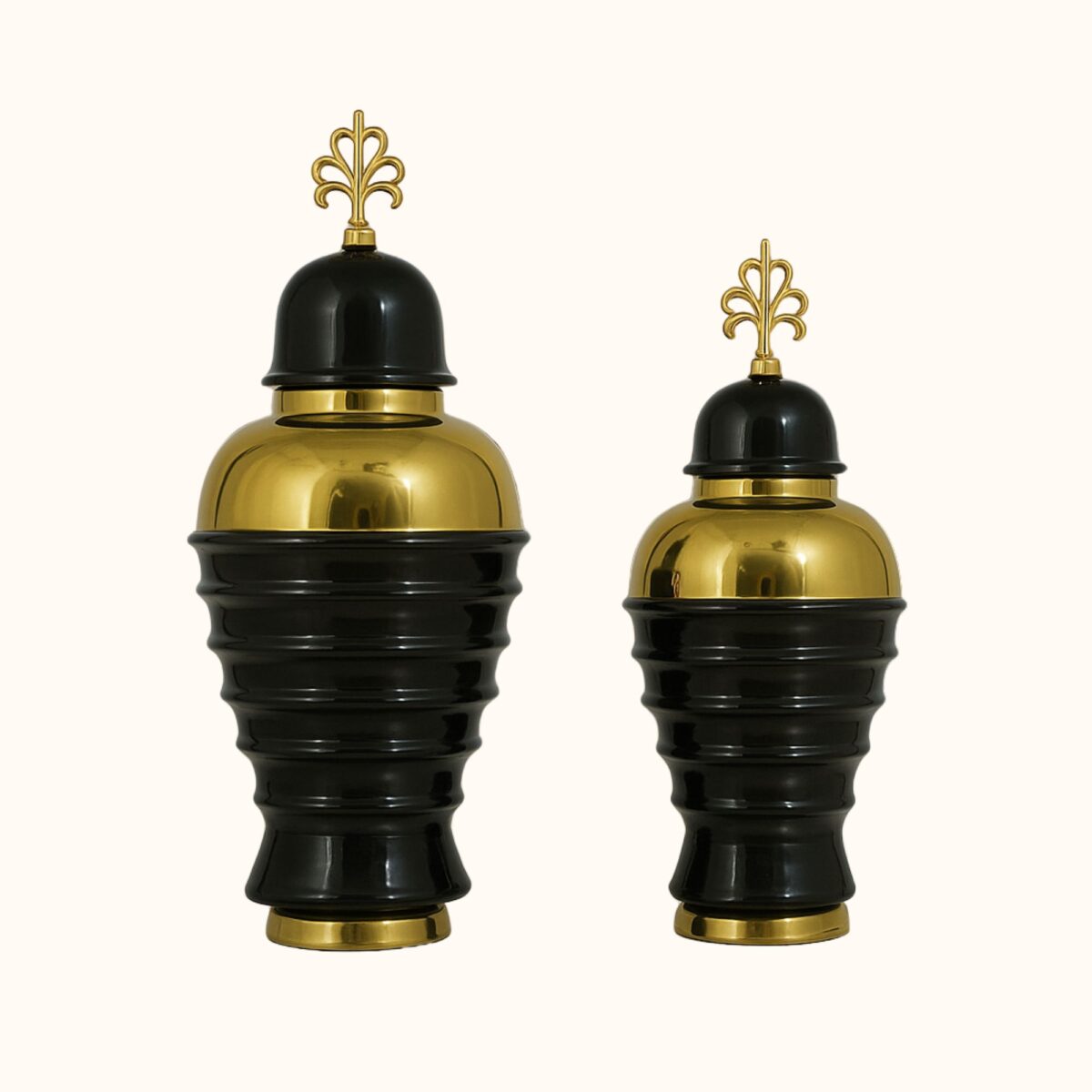 Black & Gold Designer Ginger Jar Set with Crown Finial – Set of 2