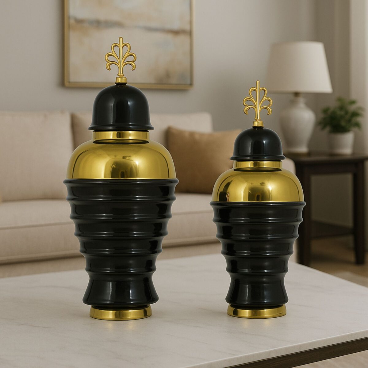 Black & Gold Designer Ginger Jar Set with Crown Finial – Set of 2