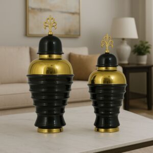 Black & Gold Designer Ginger Jar Set with Crown Finial – Set of 2