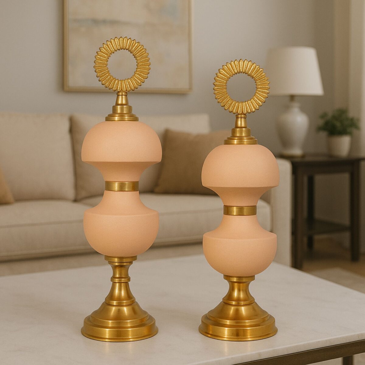 Peach & Gold Decorative Jar Set with Radiant Ring Finial – Set of 2