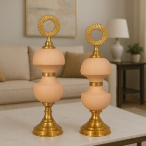 Peach & Gold Decorative Jar Set with Radiant Ring Finial – Set of 2