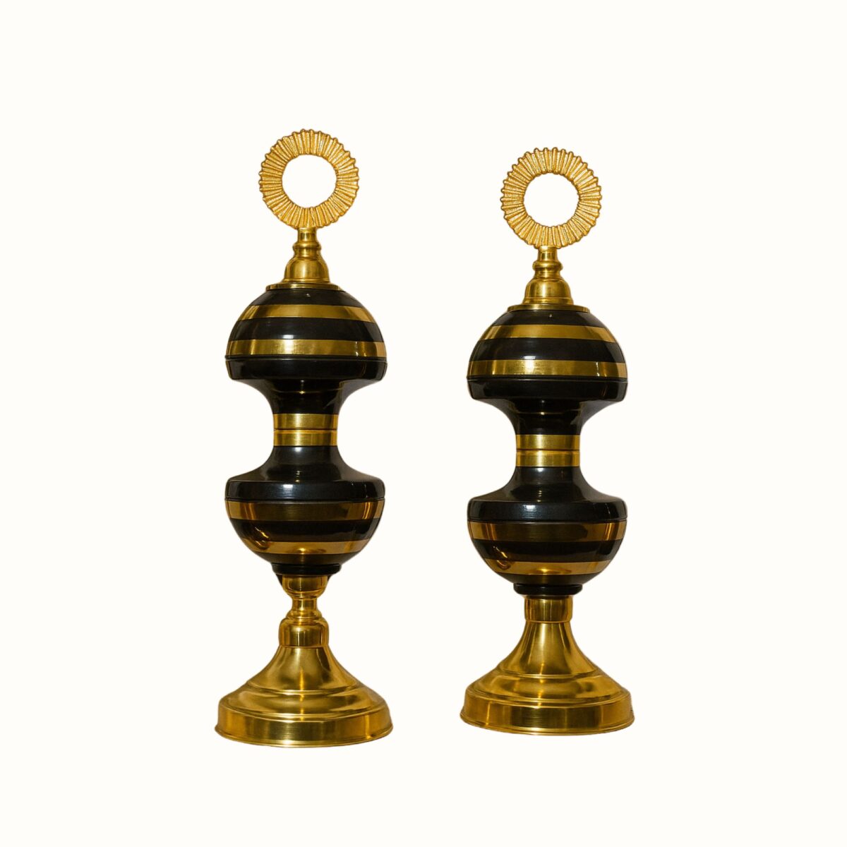 Black & Gold Decorative Jar Set with Radiant Ring Finial – Set of 2