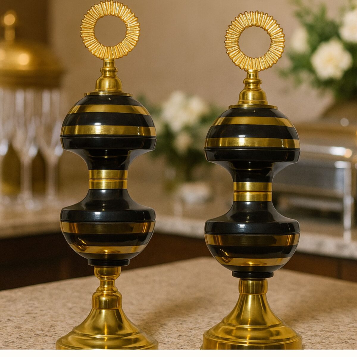 Black & Gold Decorative Jar Set with Radiant Ring Finial – Set of 2