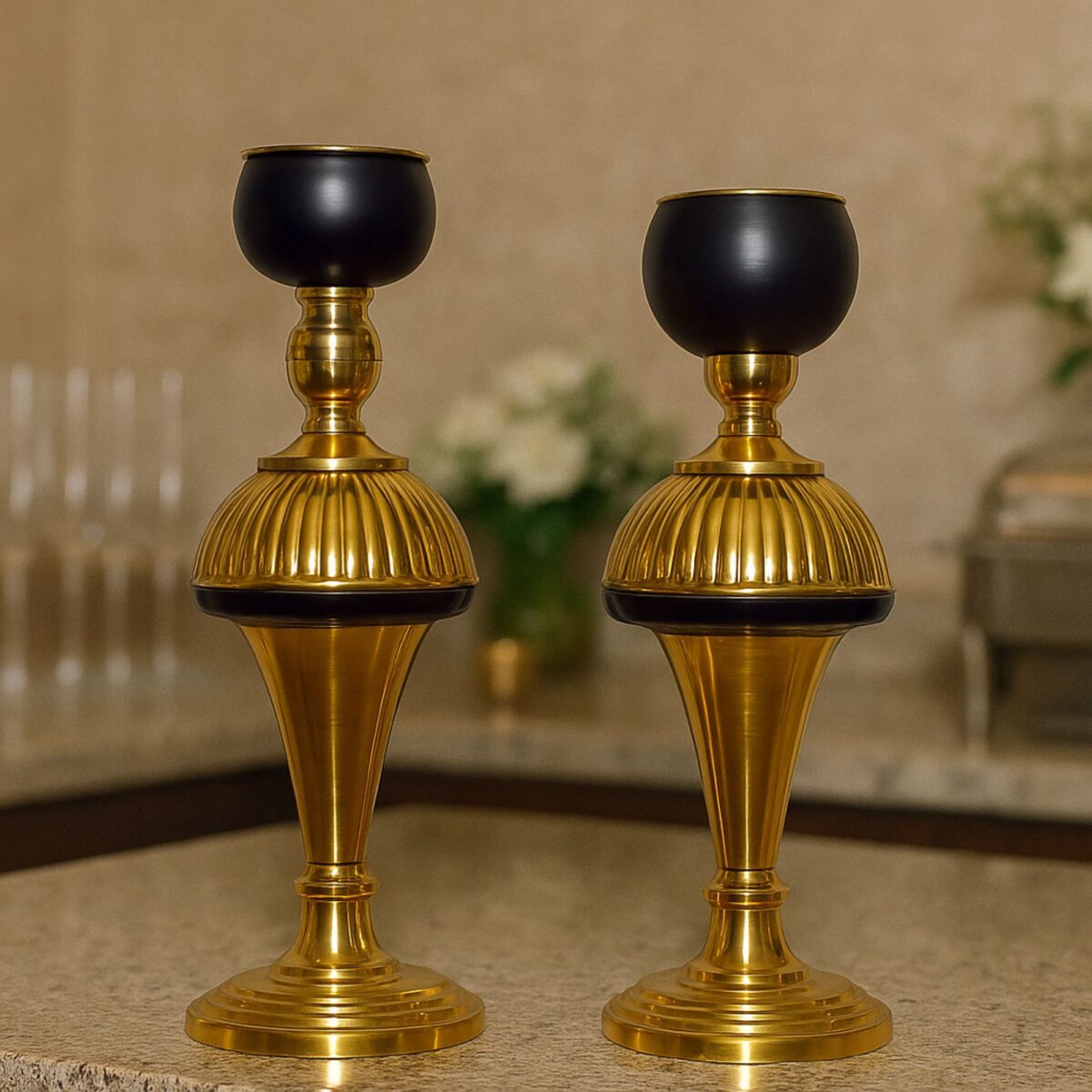 Premium Brass & Black T-Light Holder Set – Elegant Decorative Accent (Set of 2)