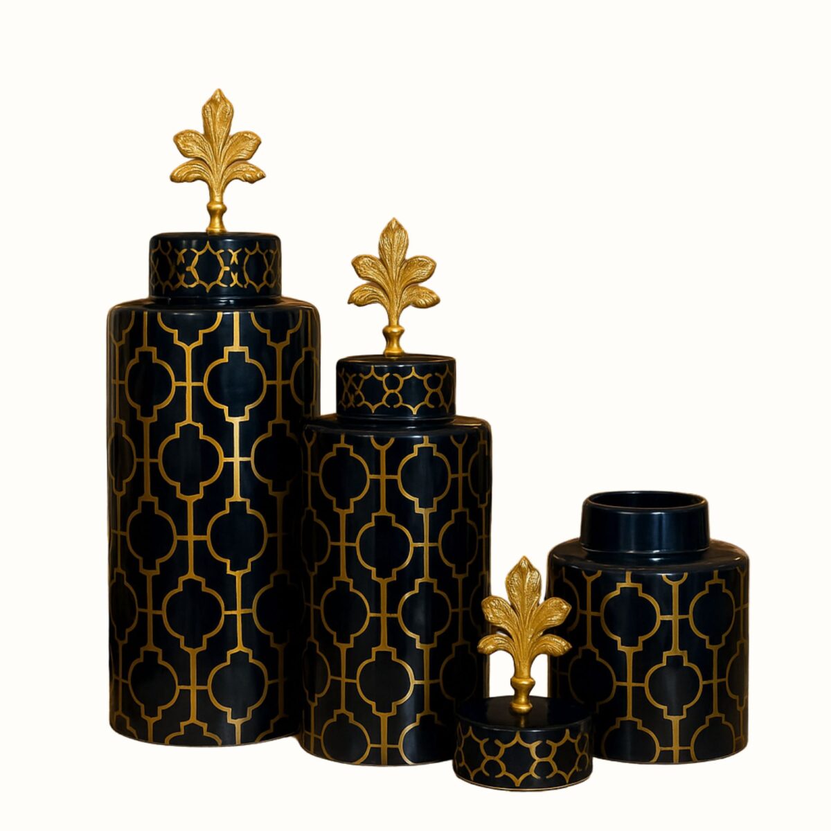 Luxury Black & Gold Geometric Ceramic Jar Set with Ornate Leaf Finial – Set of 3