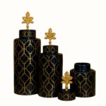 Luxury Black & Gold Geometric Ceramic Jar Set with Ornate Leaf Finial – Set of 3
