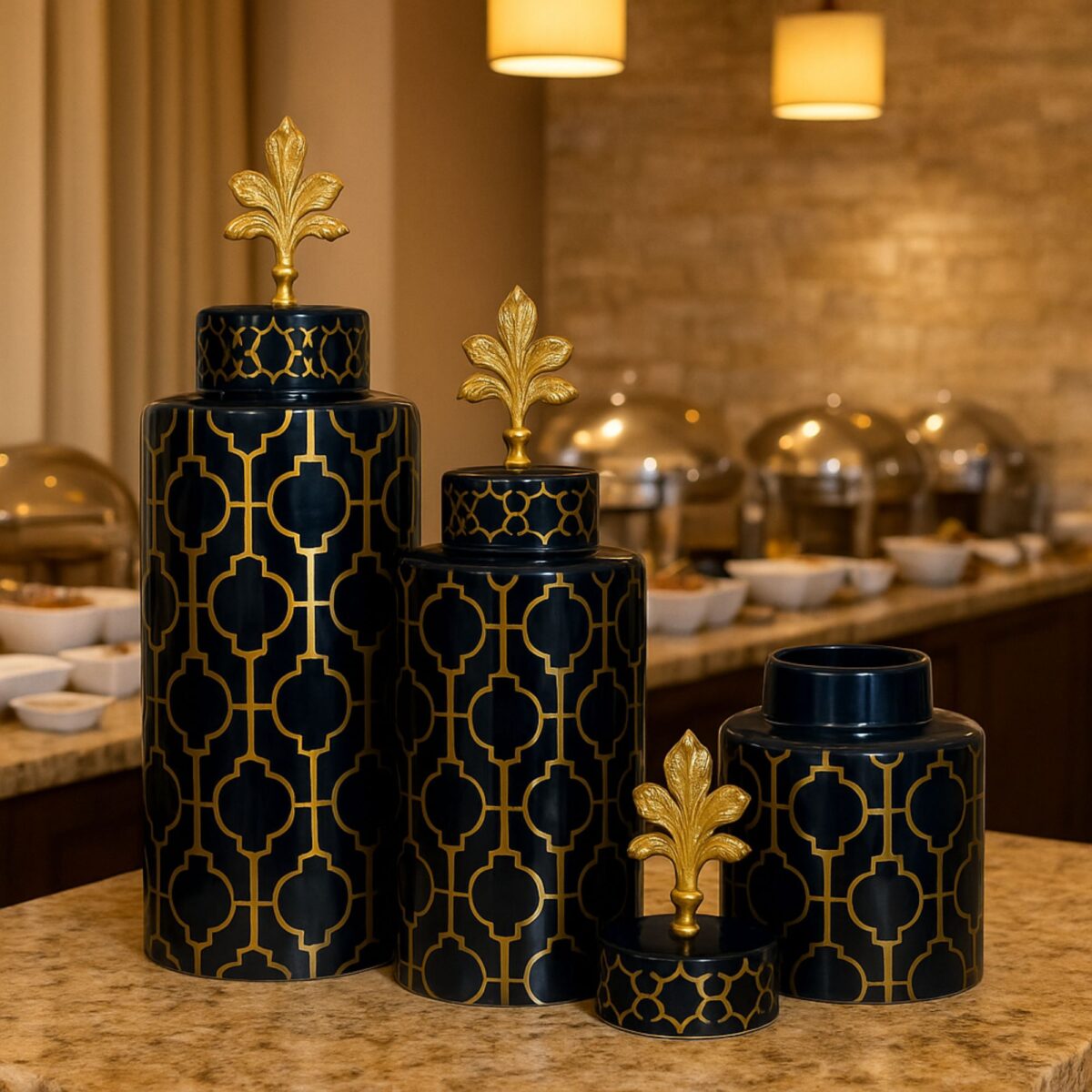 Luxury Black & Gold Geometric Ceramic Jar Set with Ornate Leaf Finial – Set of 3