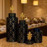 Luxury Black & Gold Geometric Ceramic Jar Set with Ornate Leaf Finial – Set of 3