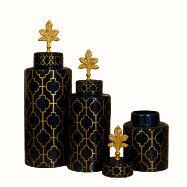 Luxury Black & Gold Geometric Ceramic Jar Set with Ornate Leaf Finial – Set of 3