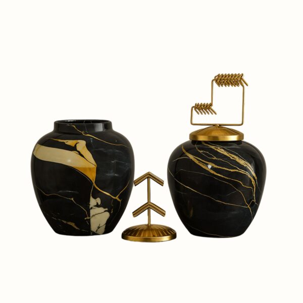 Luxury Black & Gold Decorative Jar Set with Abstract Metal Lid Accent – Set of 2