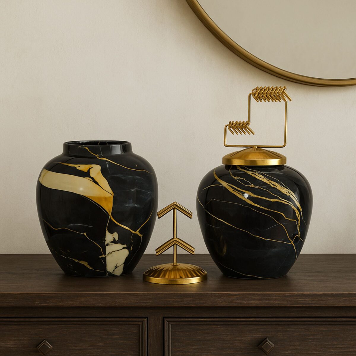 Luxury Black & Gold Decorative Jar Set with Abstract Metal Lid Accent – Set of 2