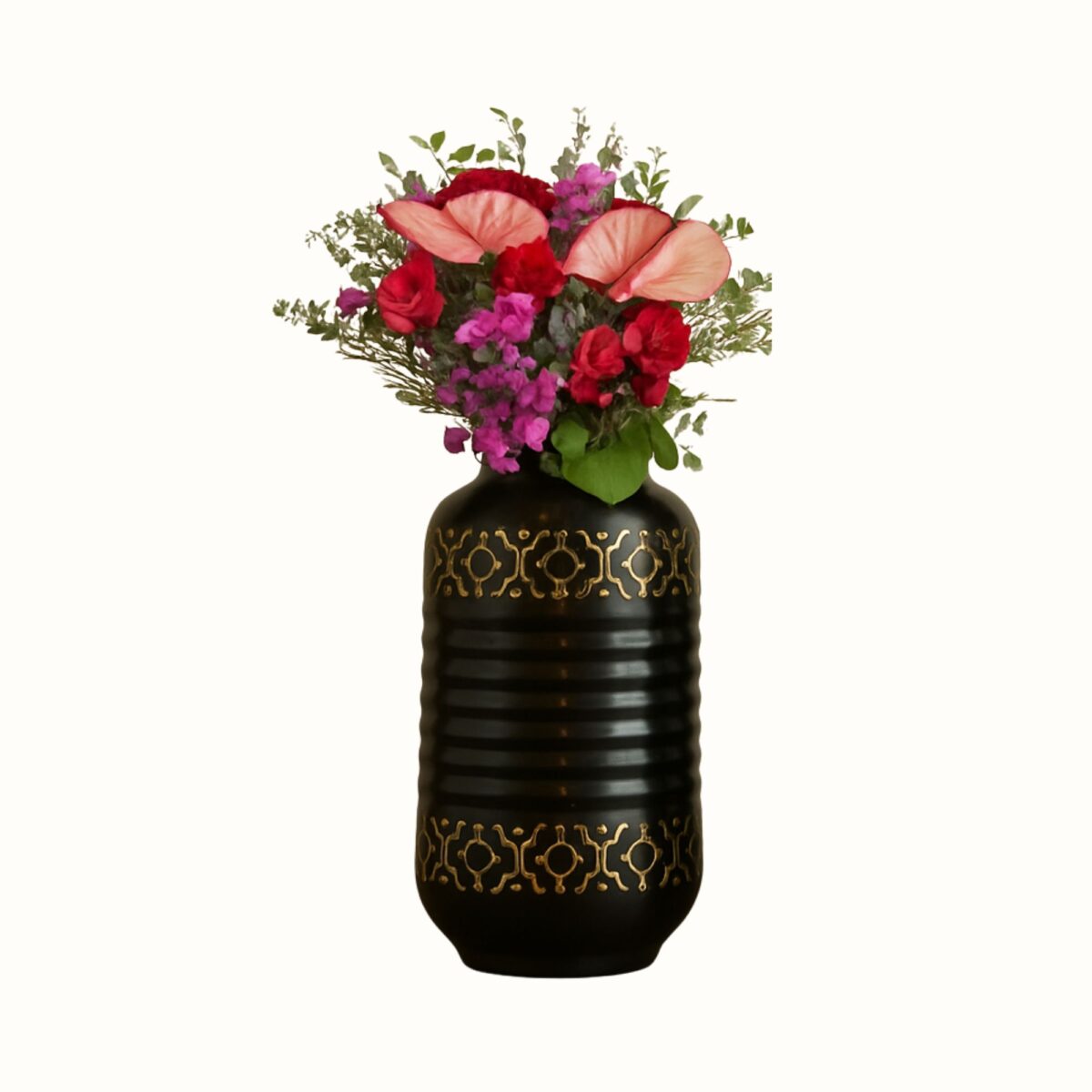 Elegant Black & Gold Iron Flower Vase Set – Ribbed Finish with Floral Engraving (Set of 2)