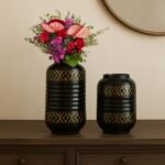 Elegant Black & Gold Iron Flower Vase Set – Ribbed Finish with Floral Engraving (Set of 2)