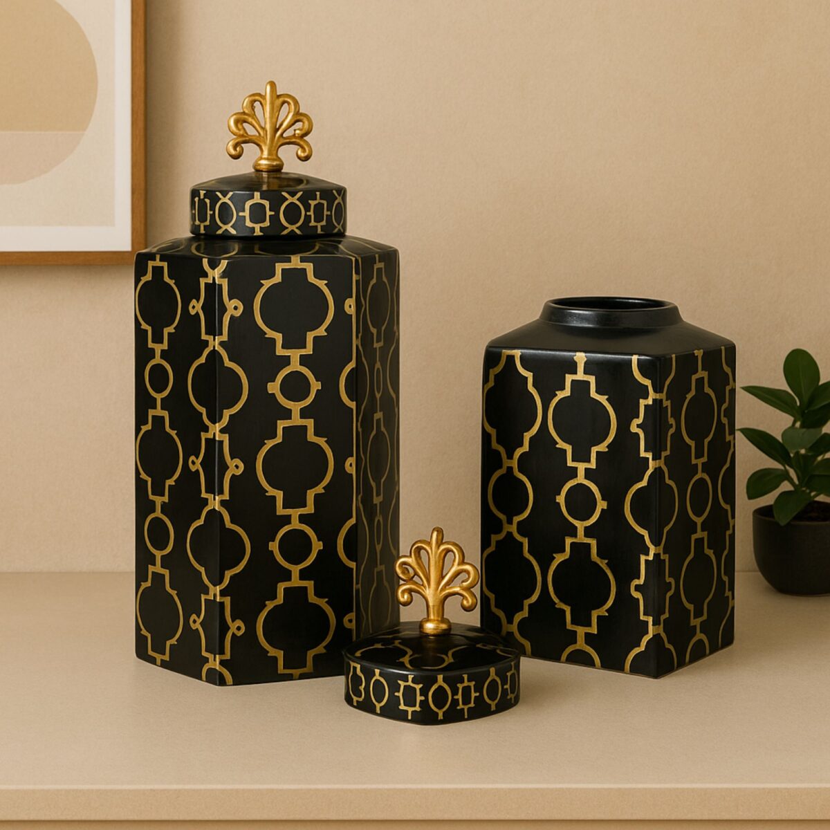 Royal Black & Gold Iron Ginger Jar – Set of 3 Decorative Accent Pieces