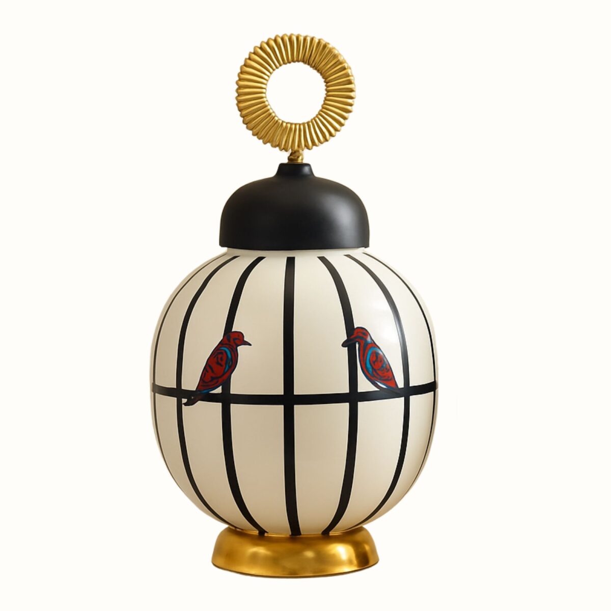 Vintage Birdcage Design Iron Ginger Jar Set – Decorative Black & White with Gold Base
