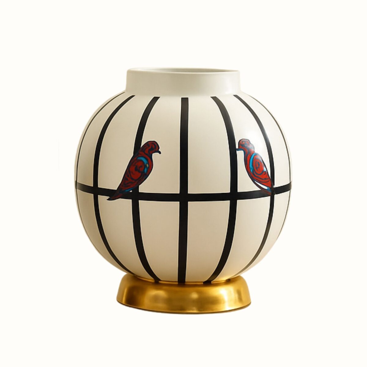 Vintage Birdcage Design Iron Ginger Jar Set – Decorative Black & White with Gold Base