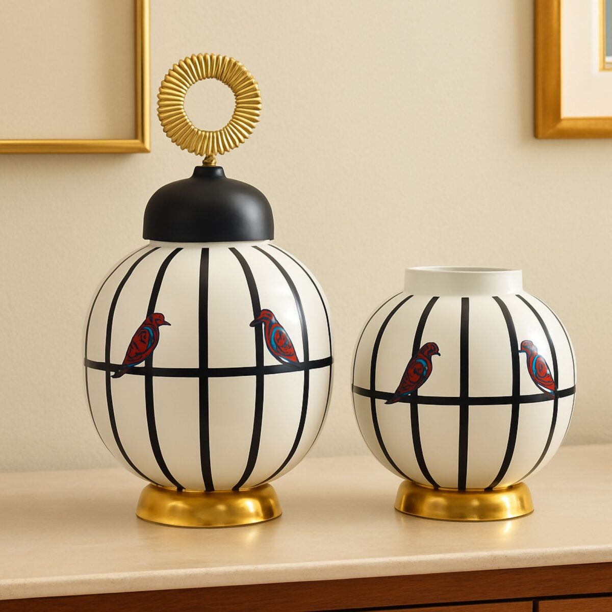 Vintage Birdcage Design Iron Ginger Jar Set – Decorative Black & White with Gold Base