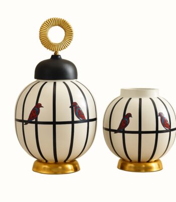 Vintage Birdcage Design Iron Ginger Jar Set – Decorative Black & White with Gold Base