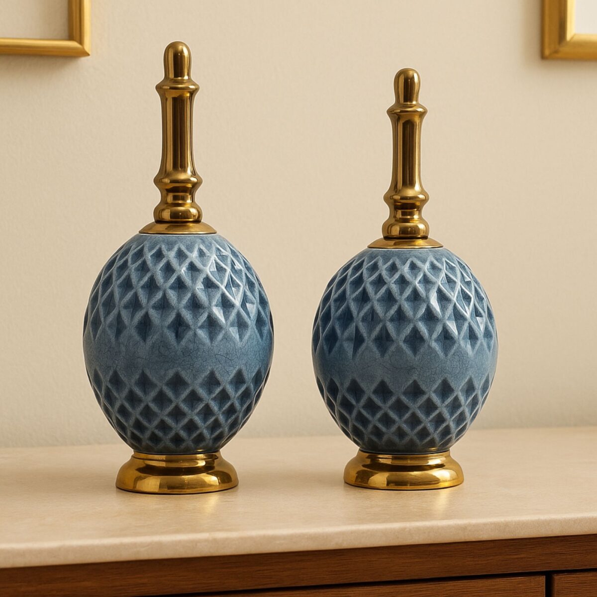 Luxury Blue Textured Decorative Showpiece with Golden Accents – Set of 2