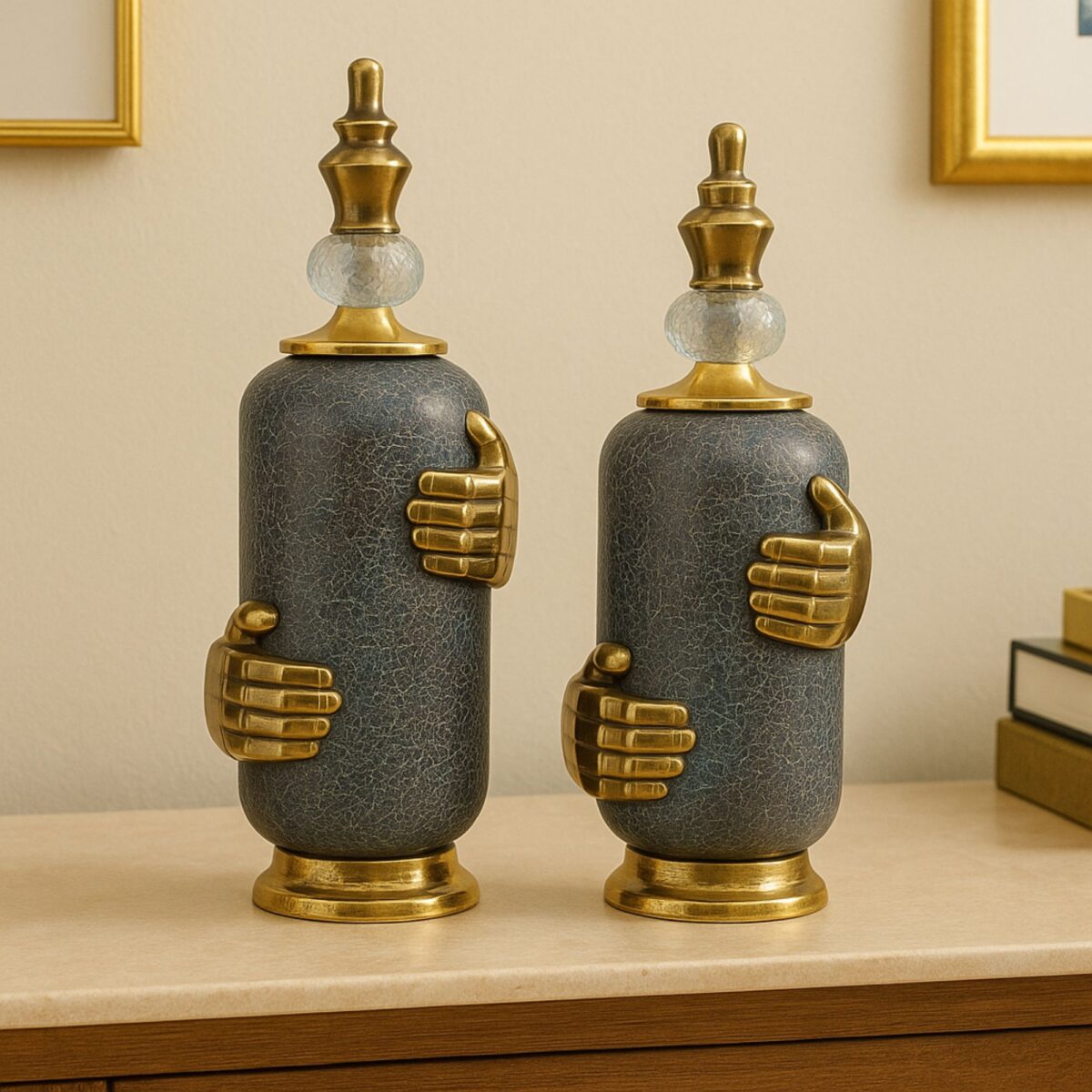 Designer Embrace-Themed Decorative Jar Set with Gold Detailing – Set of 2