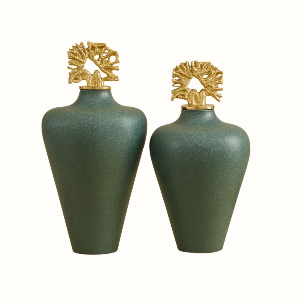 Elegant Green Crackle-Finish Decorative Jar Set with Abstract Gold Coral Lids – Set of 2