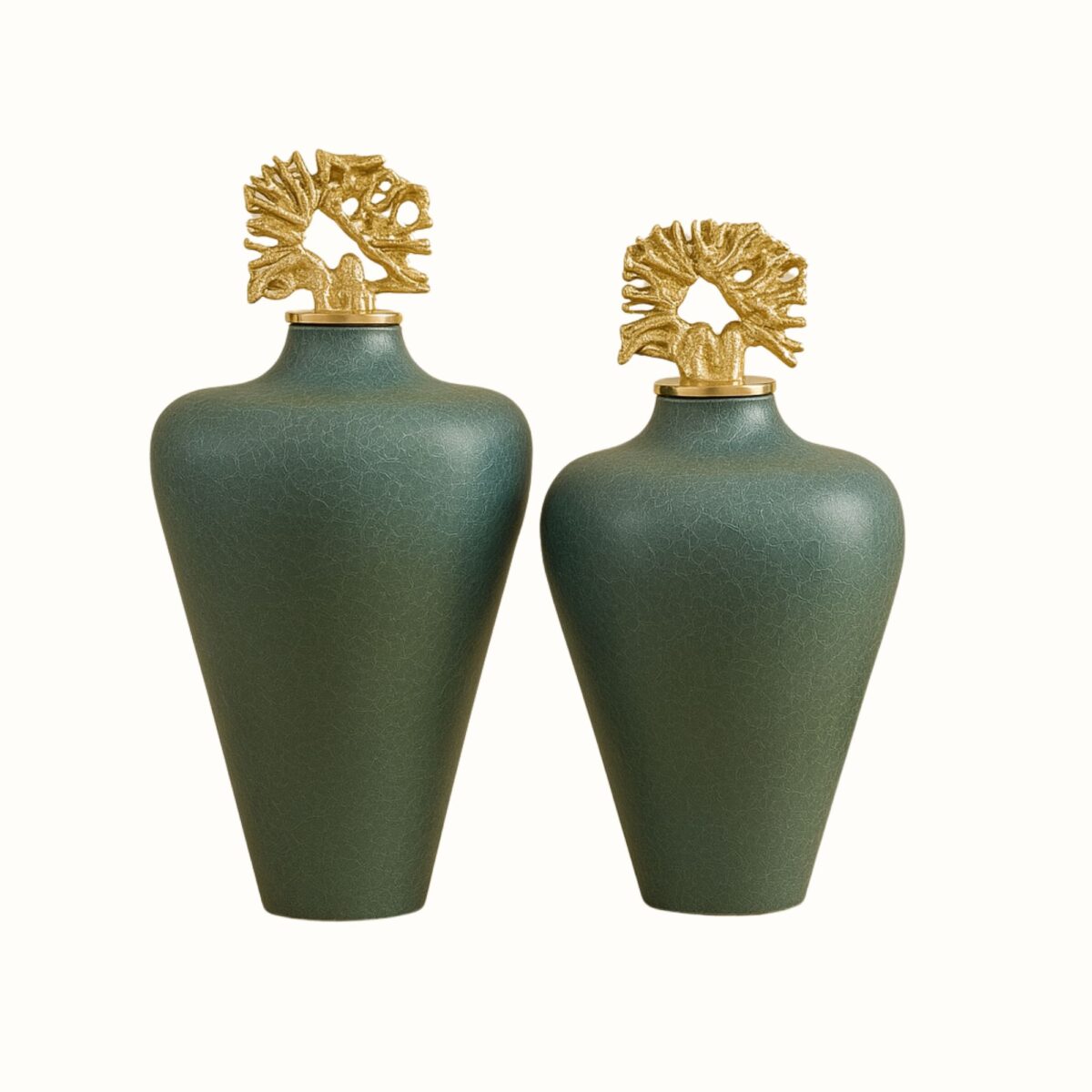 Elegant Green Crackle-Finish Decorative Jar Set with Abstract Gold Coral Lids – Set of 2