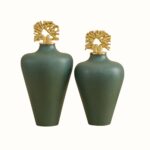 Elegant Green Crackle-Finish Decorative Jar Set with Abstract Gold Coral Lids – Set of 2