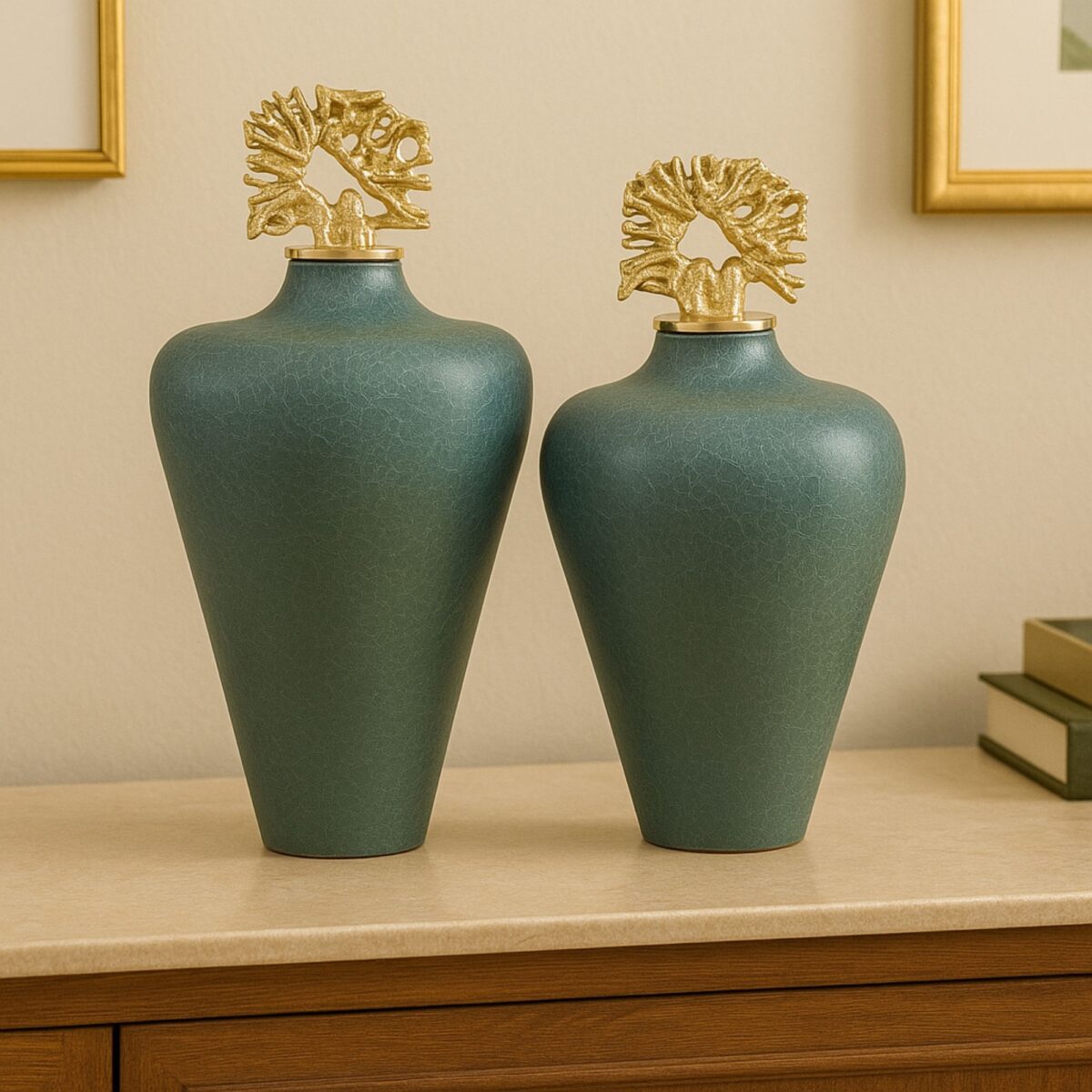 Elegant Green Crackle-Finish Decorative Jar Set with Abstract Gold Coral Lids – Set of 2