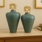 Elegant Green Crackle-Finish Decorative Jar Set with Abstract Gold Coral Lids – Set of 2