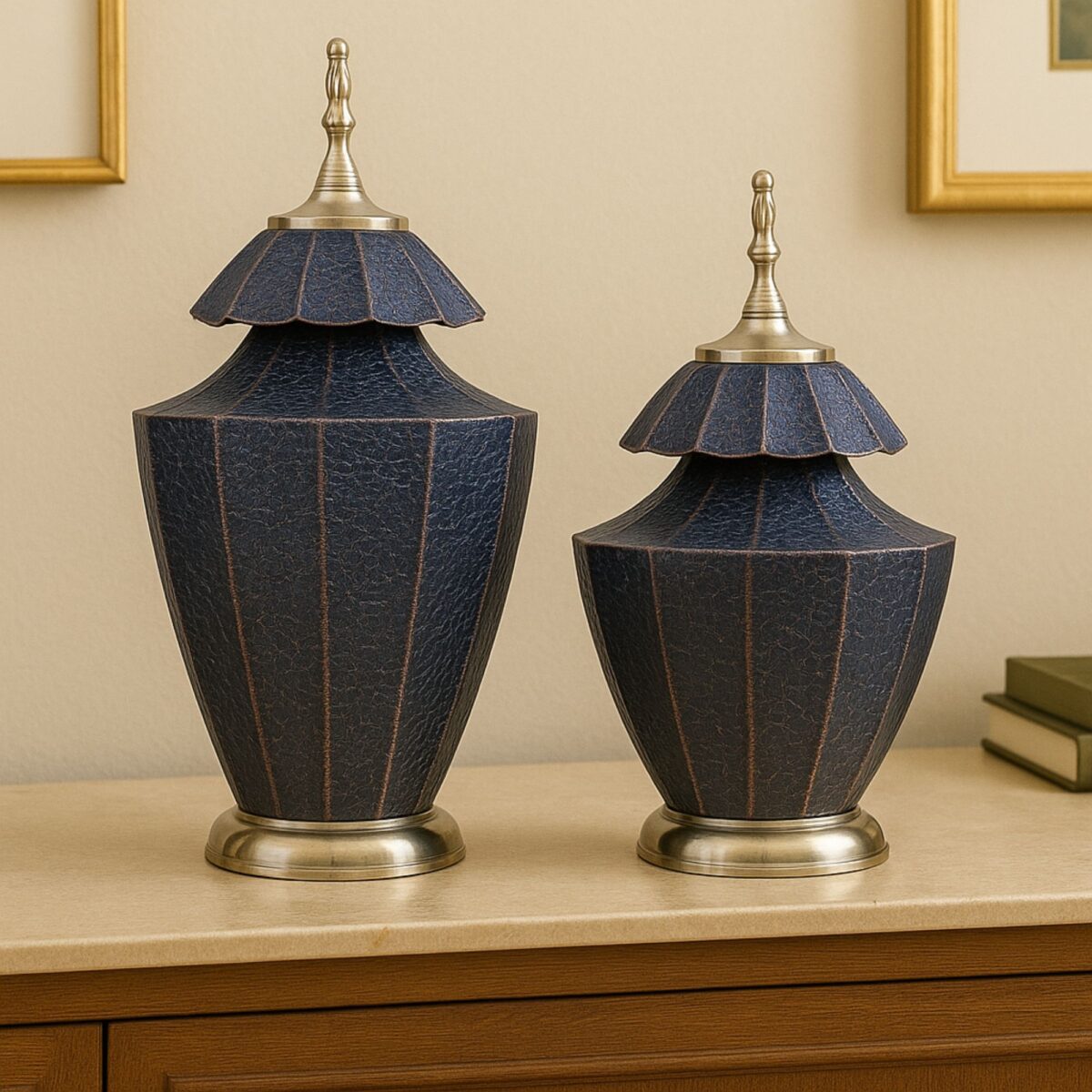 Royal Blue Crackle-Finish Decorative Jars with Double-Layered Lids – Set of 2