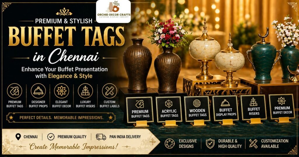 Buffet Tags in Chennai with premium buffet display props, buffet decor and buffet risers for elegant event setup