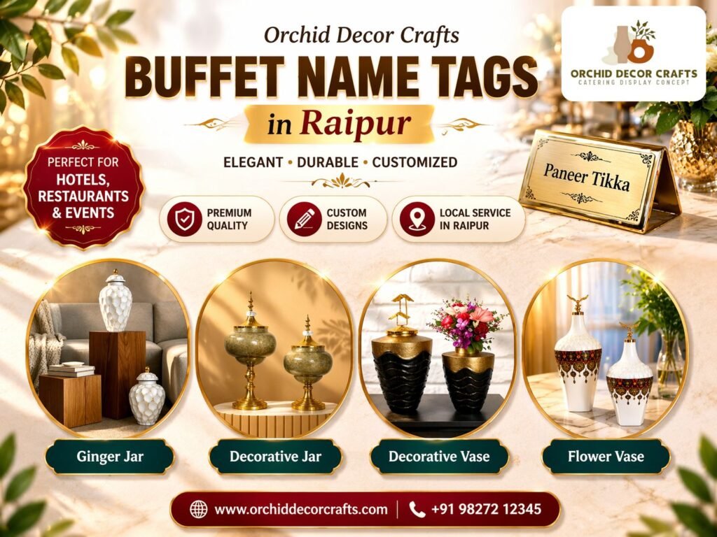 Buffet name tags in Raipur with elegant gold holders displayed on buffet risers for catering and hotel buffet display setup
