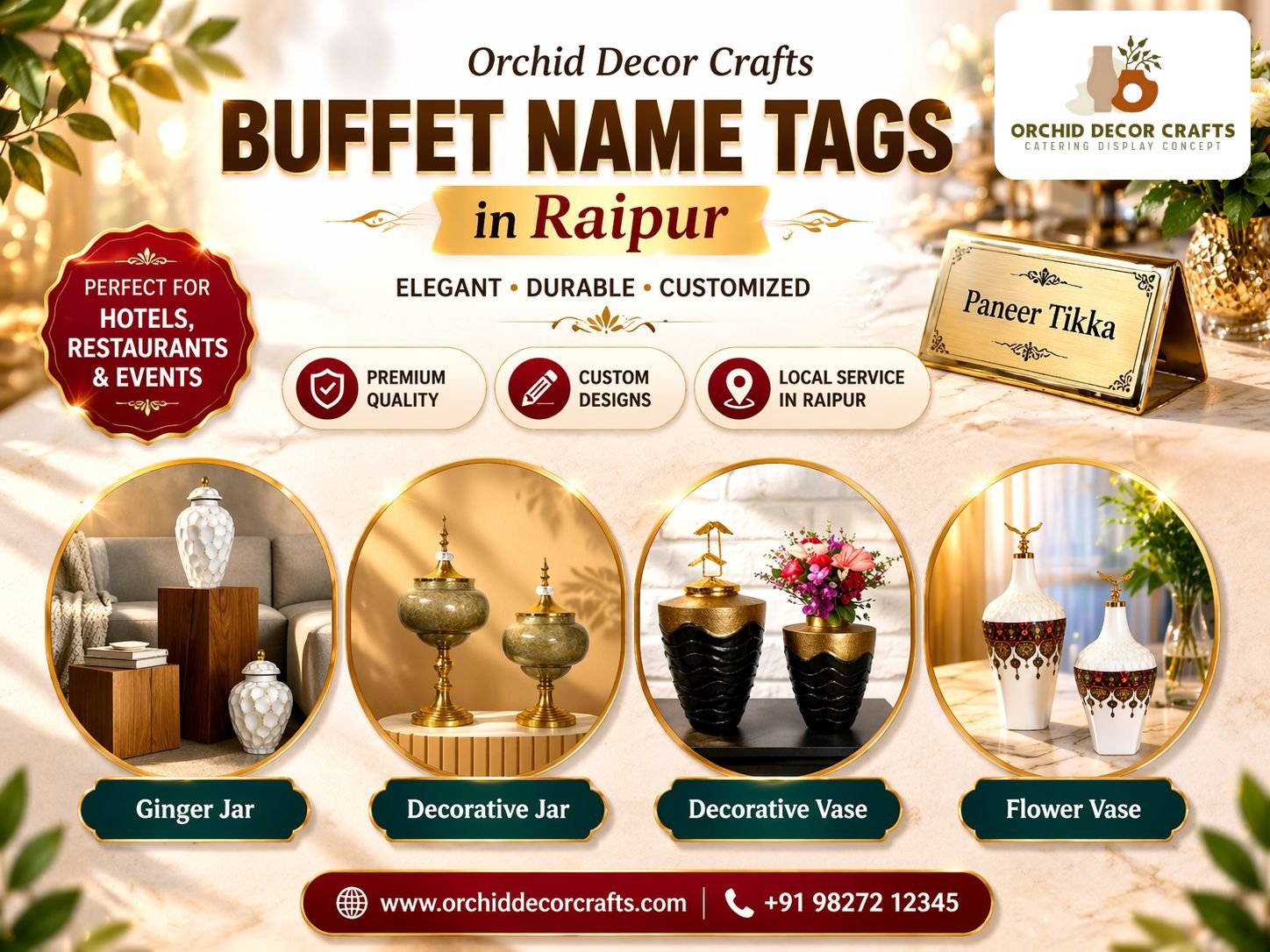 Buffet name tags in Raipur with elegant gold holders displayed on buffet risers for catering and hotel buffet display setup