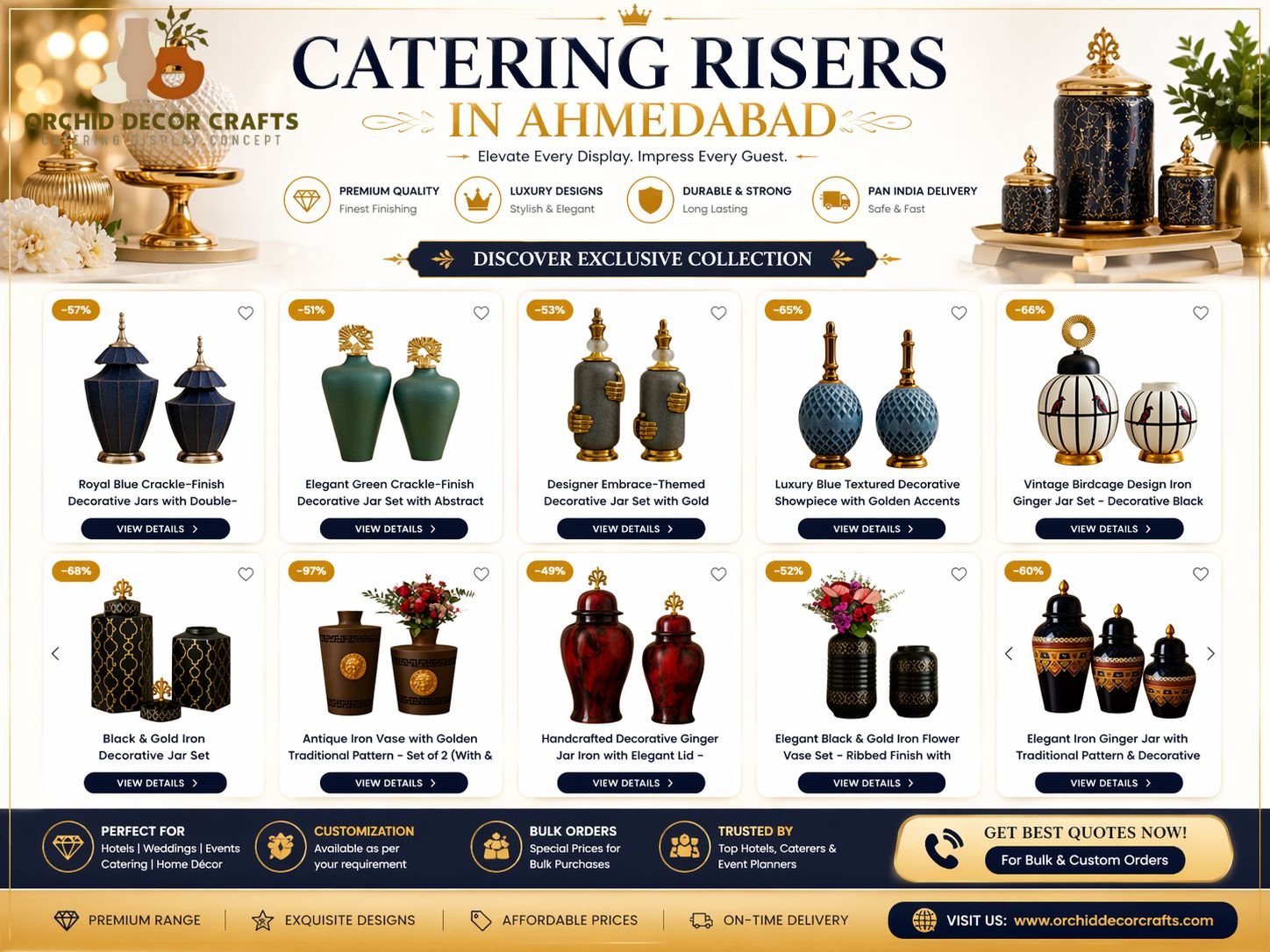 Premium Catering Risers in Ahmedabad with luxury decorative jars and modern display setup for weddings and events
