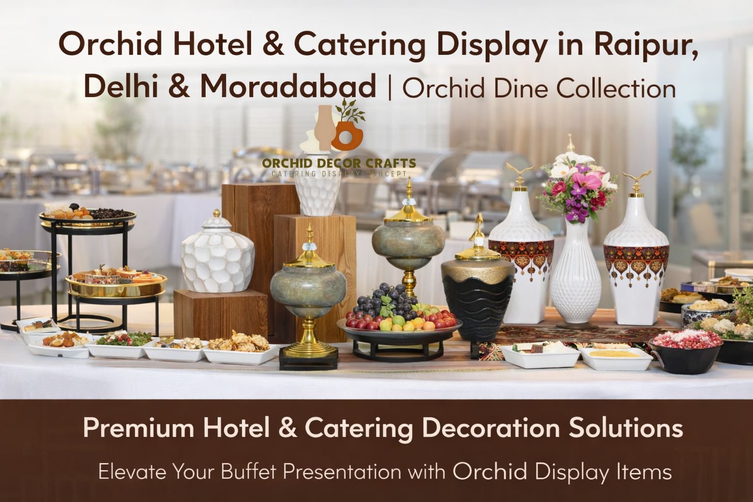 Orchid hotel and catering display setup with premium buffet décor items, decorative jars, and vases for luxury event presentation