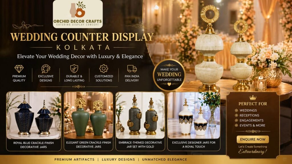 Premium wedding counter display Kolkata with luxury decorative jars and elegant wedding counter artifacts
