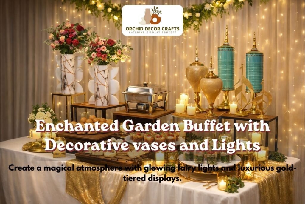 A dreamy buffet table with a fairy light backdrop, gold pedestals, teal and gold jars, and marble vases filled with pink roses.